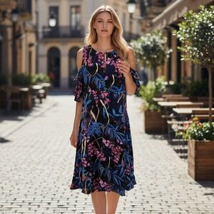 Maeve Elia Cold Shoulder Midi Dress Blue Floral Keyhole Boho Summer 2